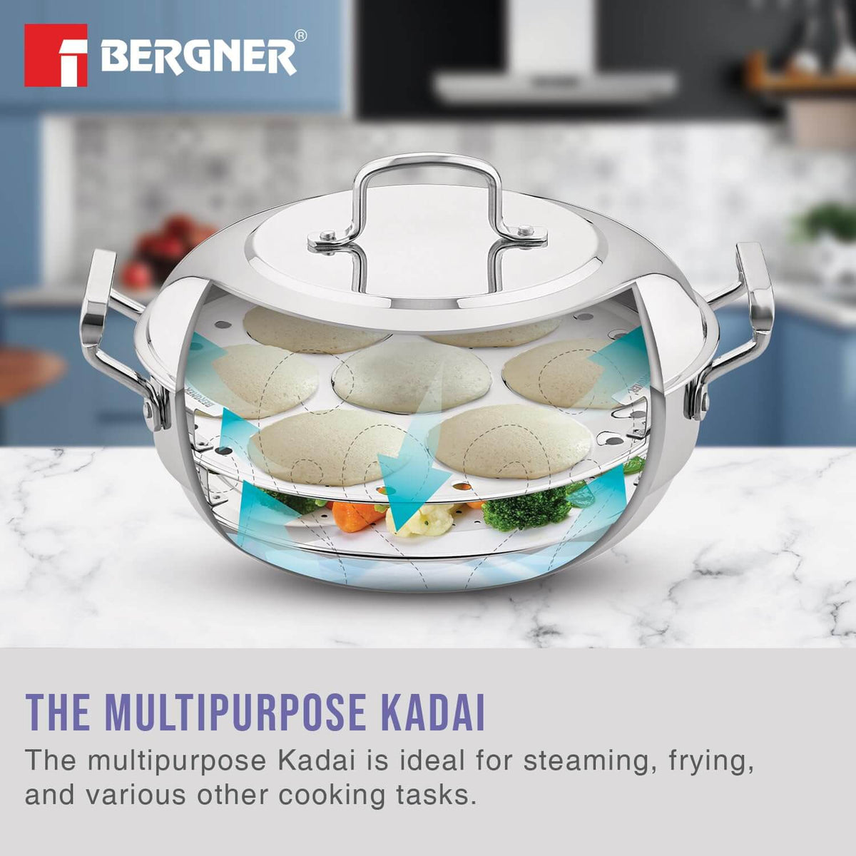 Bergner Essentials Triply Stainless Steel 27cm Multi Kadai with 2 Plates