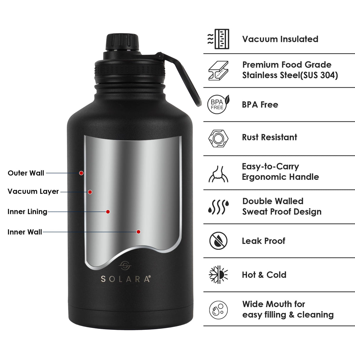 SOLARA thermosteel hot and cold flask 2 litre with sports cap
