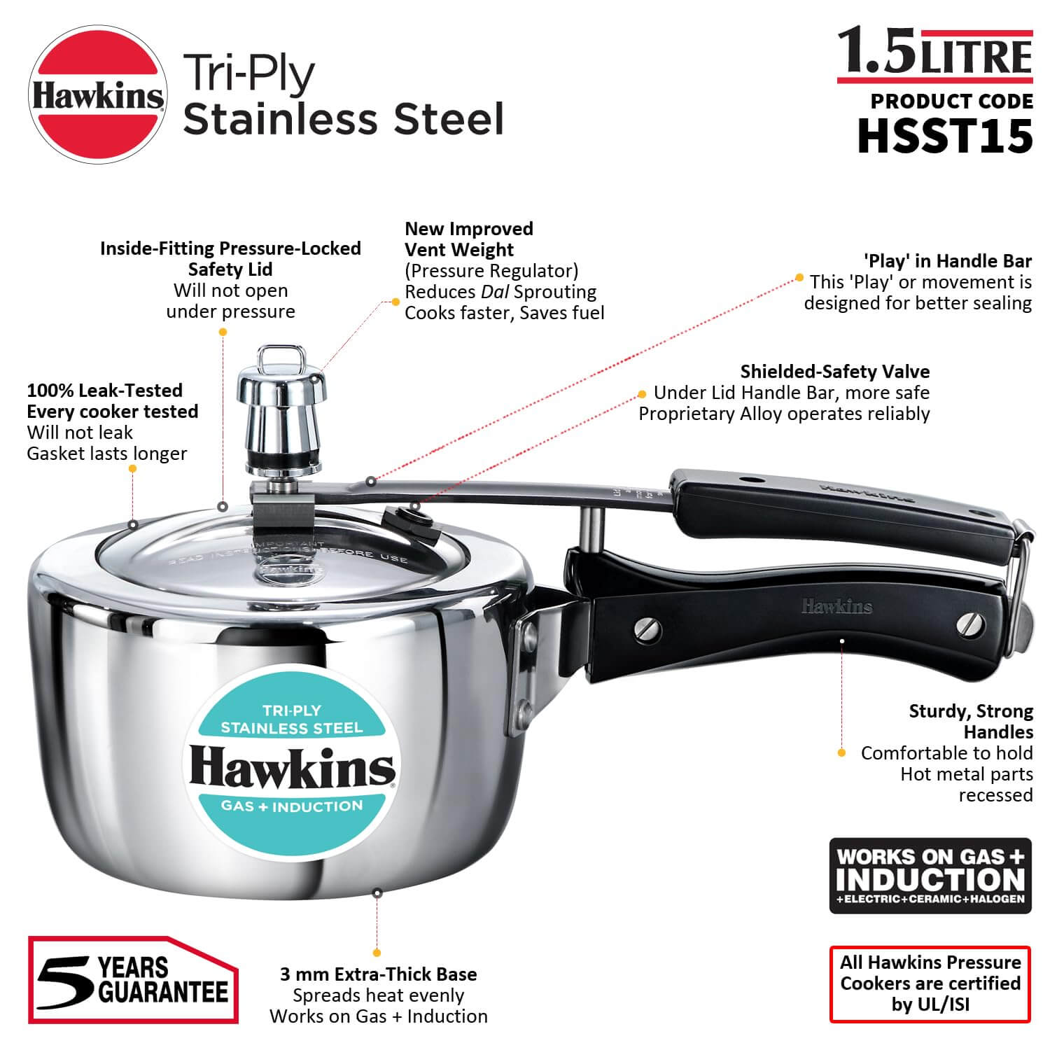 Hawkins Triply Stainless Steel Pressure Cooker - Inner Lid, Induction Compatible with 3mm Extra-Thick Base