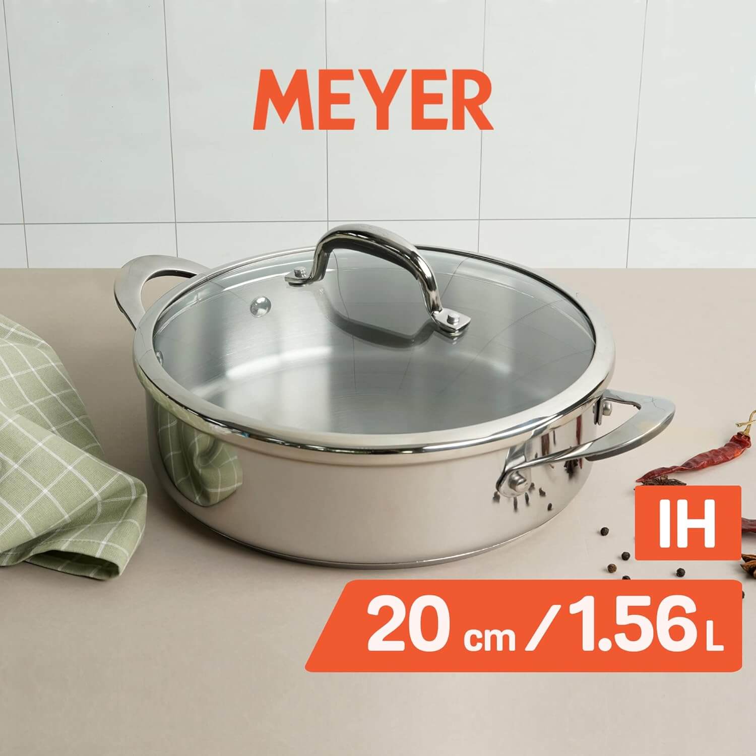 Meyer Select Nickel-Free Stainless Steel Sauteuse with Glass Lid | Triply Base Steel Pan | Gas & Induction Compatible | Dishwasher Safe