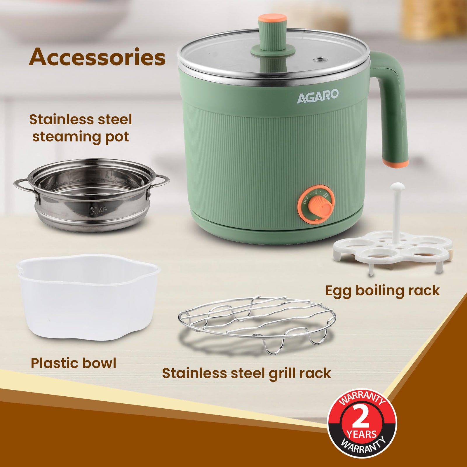 AGARO Regency Multi Cook Kettle With Steamer, 1.2L Inner Pot 600watts