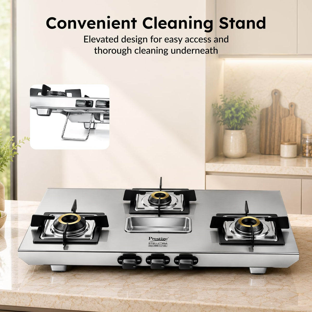 Prestige Stellora 3 burner gas stove removable ladle cradle tray being lifted out