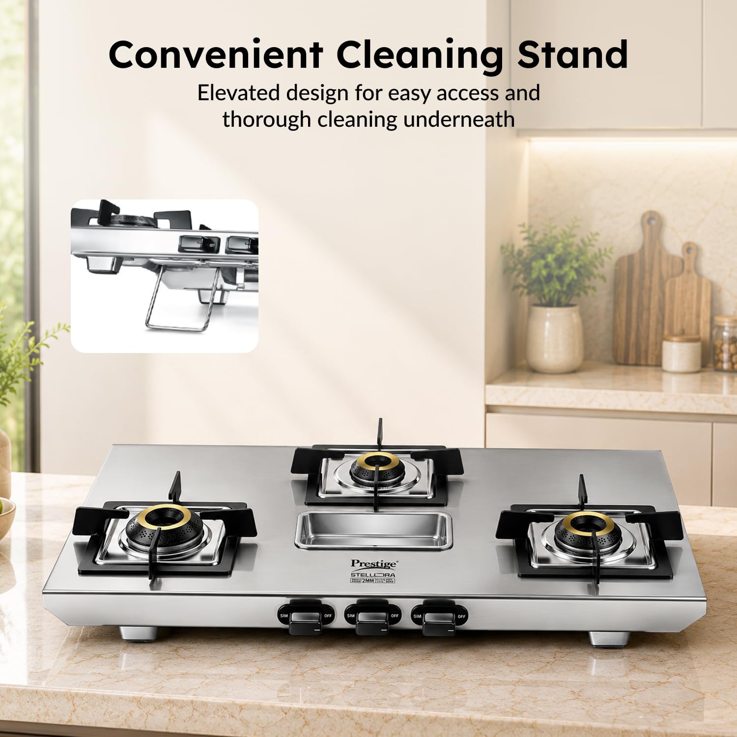 Prestige Stellora 3 burner gas stove removable ladle cradle tray being lifted out