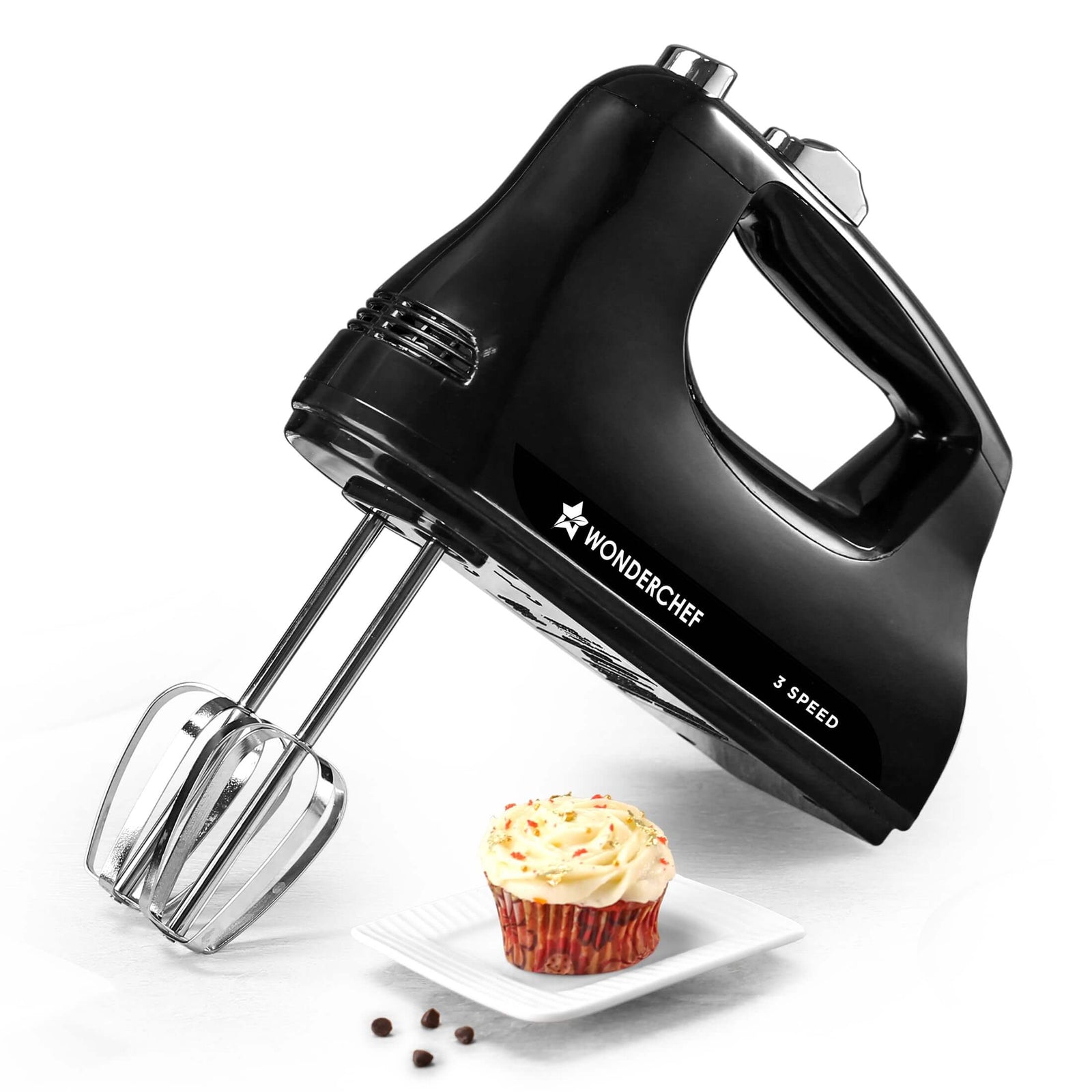 Wonderchef Essenza Hand Mixer - 300W motor, stainless-steel beaters, and dough hooks in black