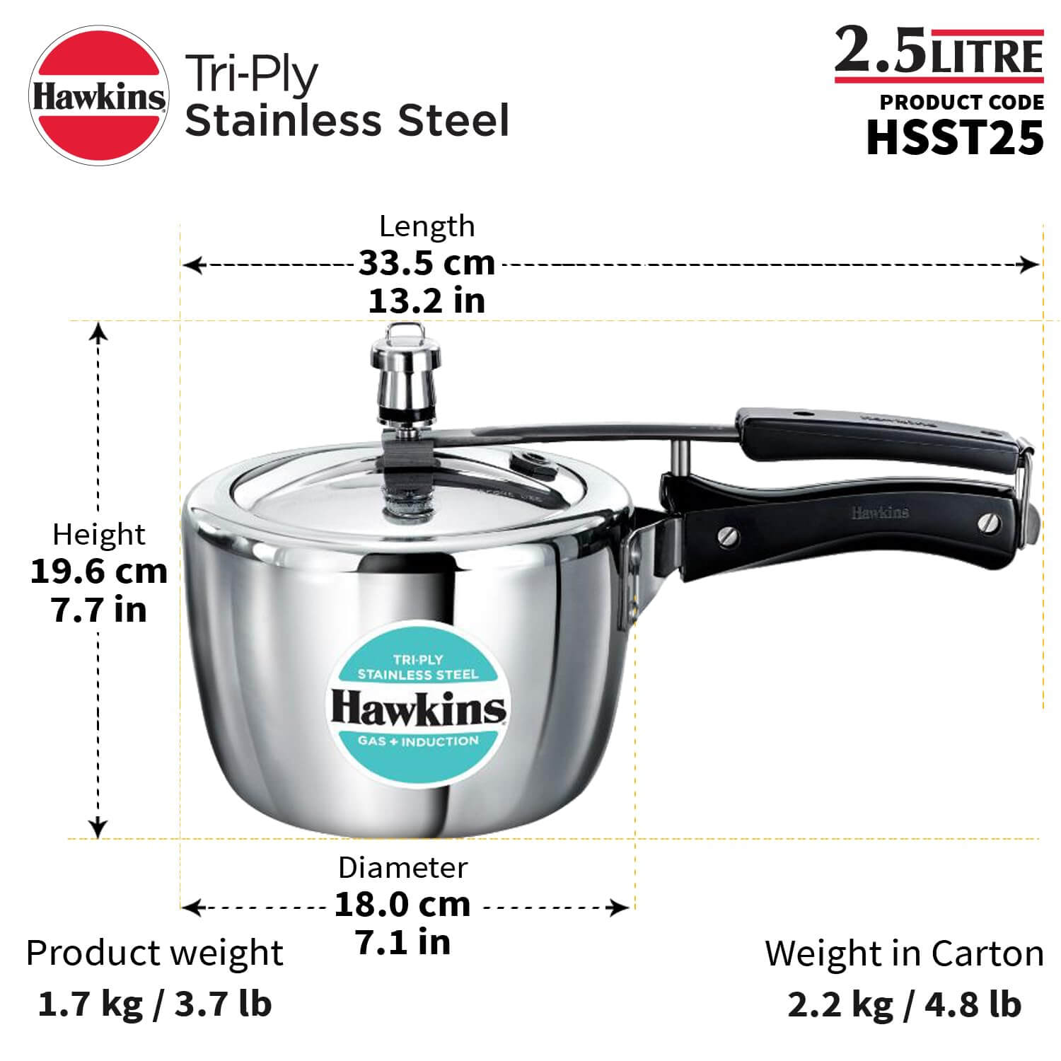 Hawkins Triply Stainless Steel Pressure Cooker - Inner Lid, Induction Compatible with 3mm Extra-Thick Base