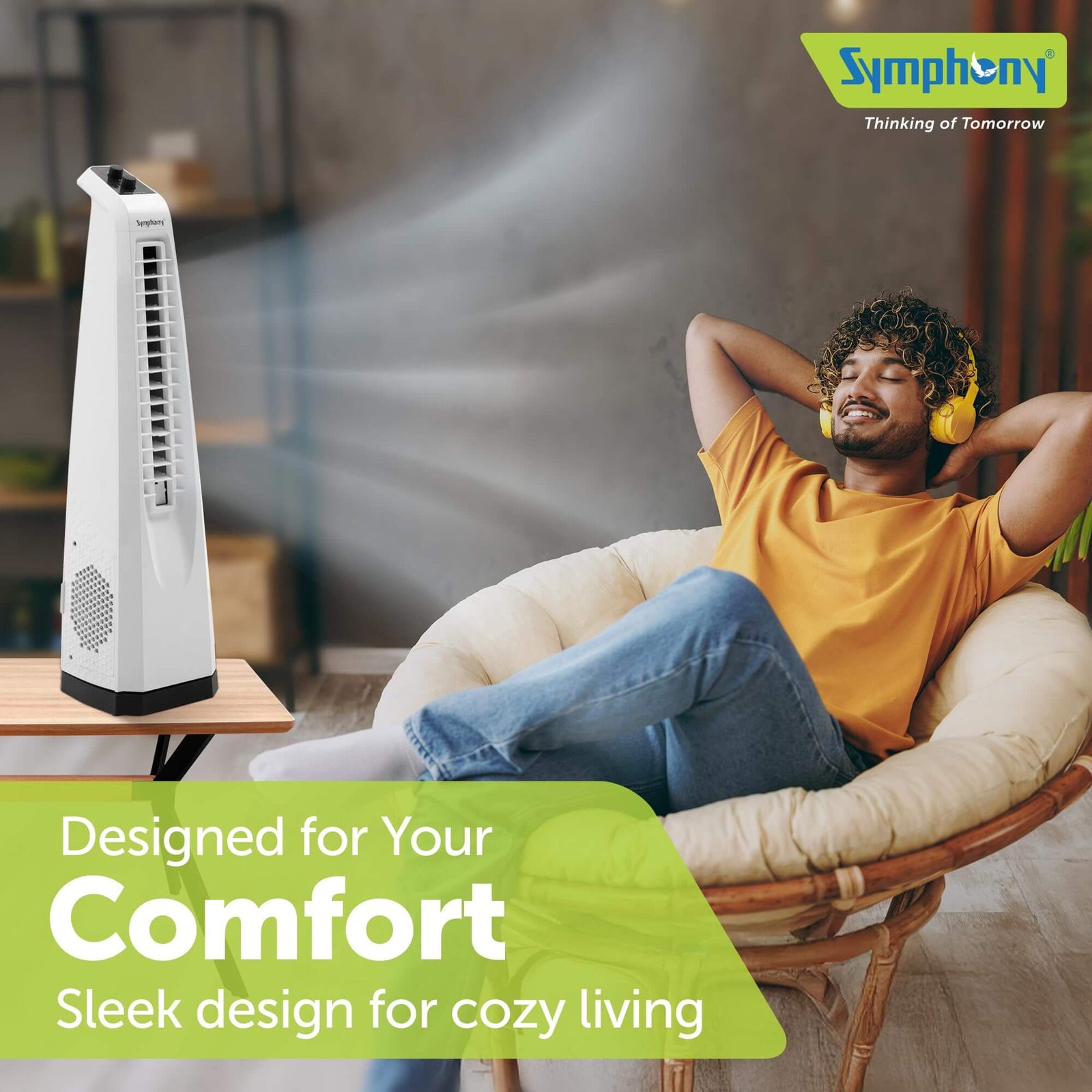 Compact Symphony Surround Jr Tower Fan with 25x32x112cm dimensions and modern white design