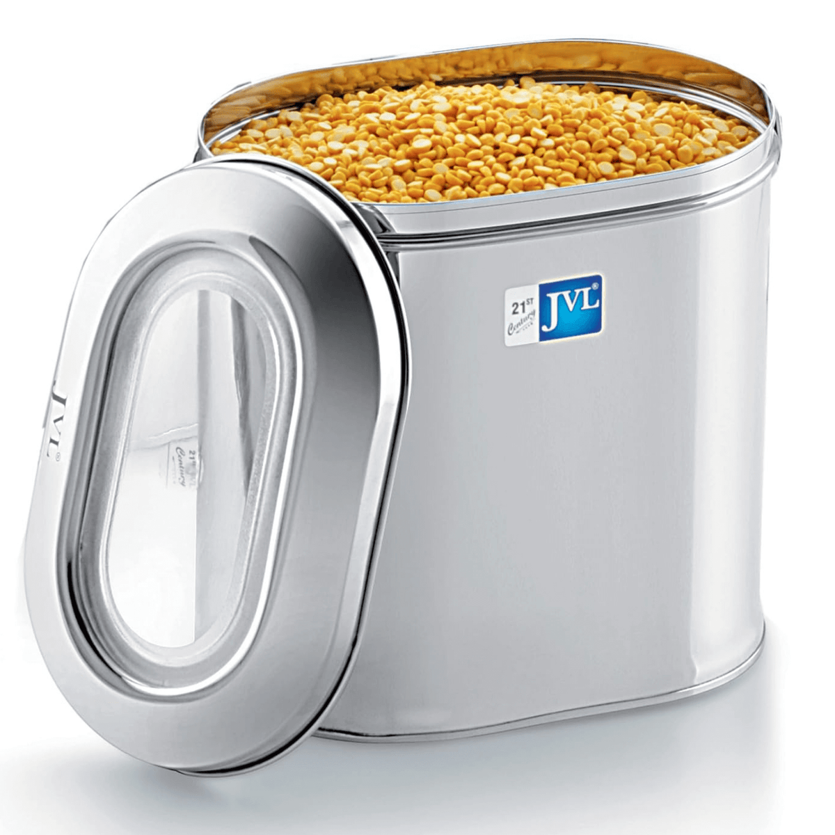 JVL stainless steel capsule tin food storage container with see-through lid and yellow lentils inside.
