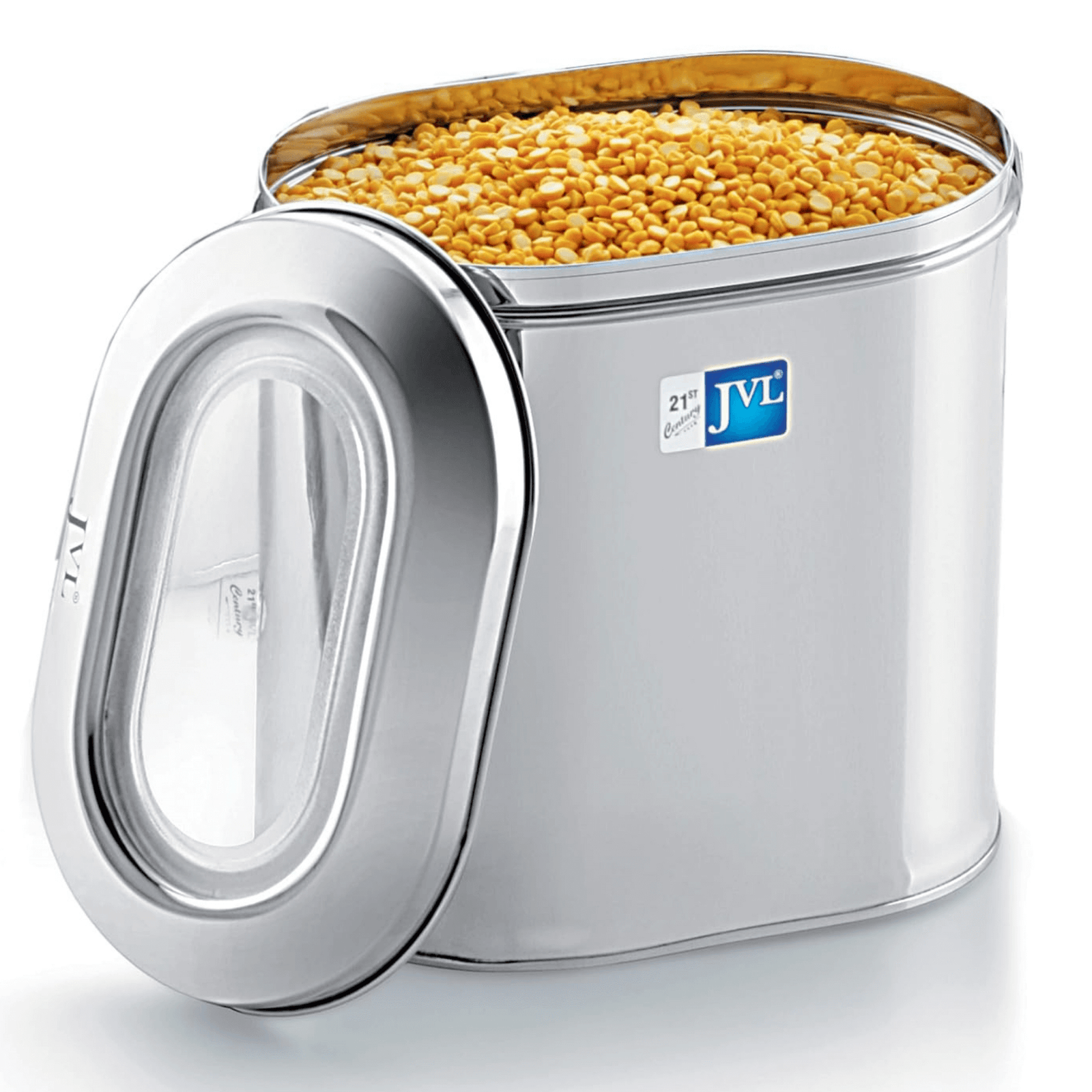 JVL stainless steel capsule tin food storage container with see-through lid and yellow lentils inside.
