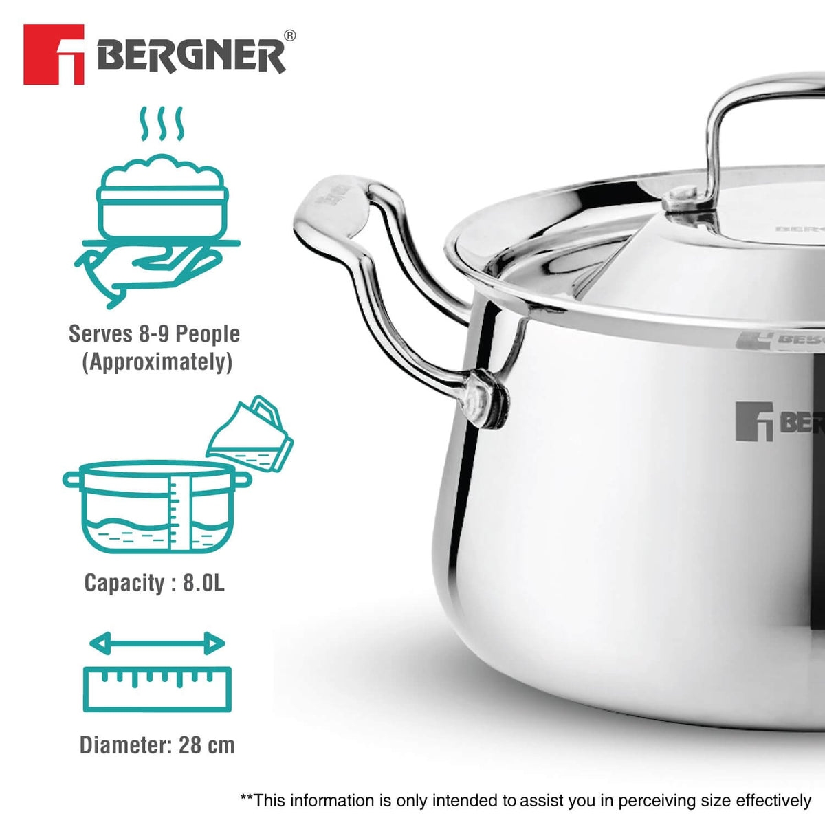 Bergner Stainless Steel Biryani Handi 8.0L capacity, serves 8-9, 28cm diameter, ideal for authentic cooking.