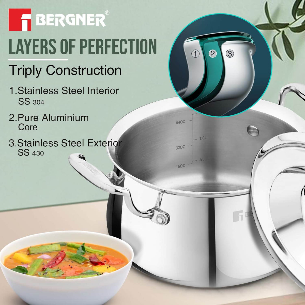 Bergner Argent Samsara Triply Stainless Steel Biryani Handi showcasing layers of construction and a delicious dish.