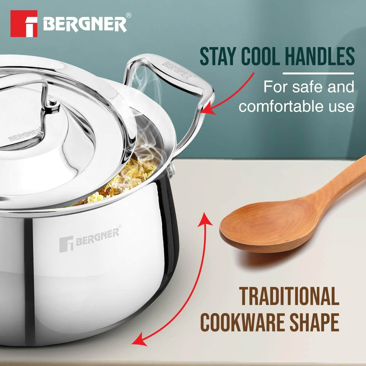 Bergner Argent Samsara Biryani Handi with stay cool handles and traditional shape for comfortable cooking.