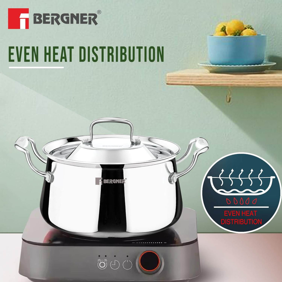 Bergner Argent Samsara Triply Stainless Steel Biryani Handi on induction cooktop, showcasing even heat distribution.