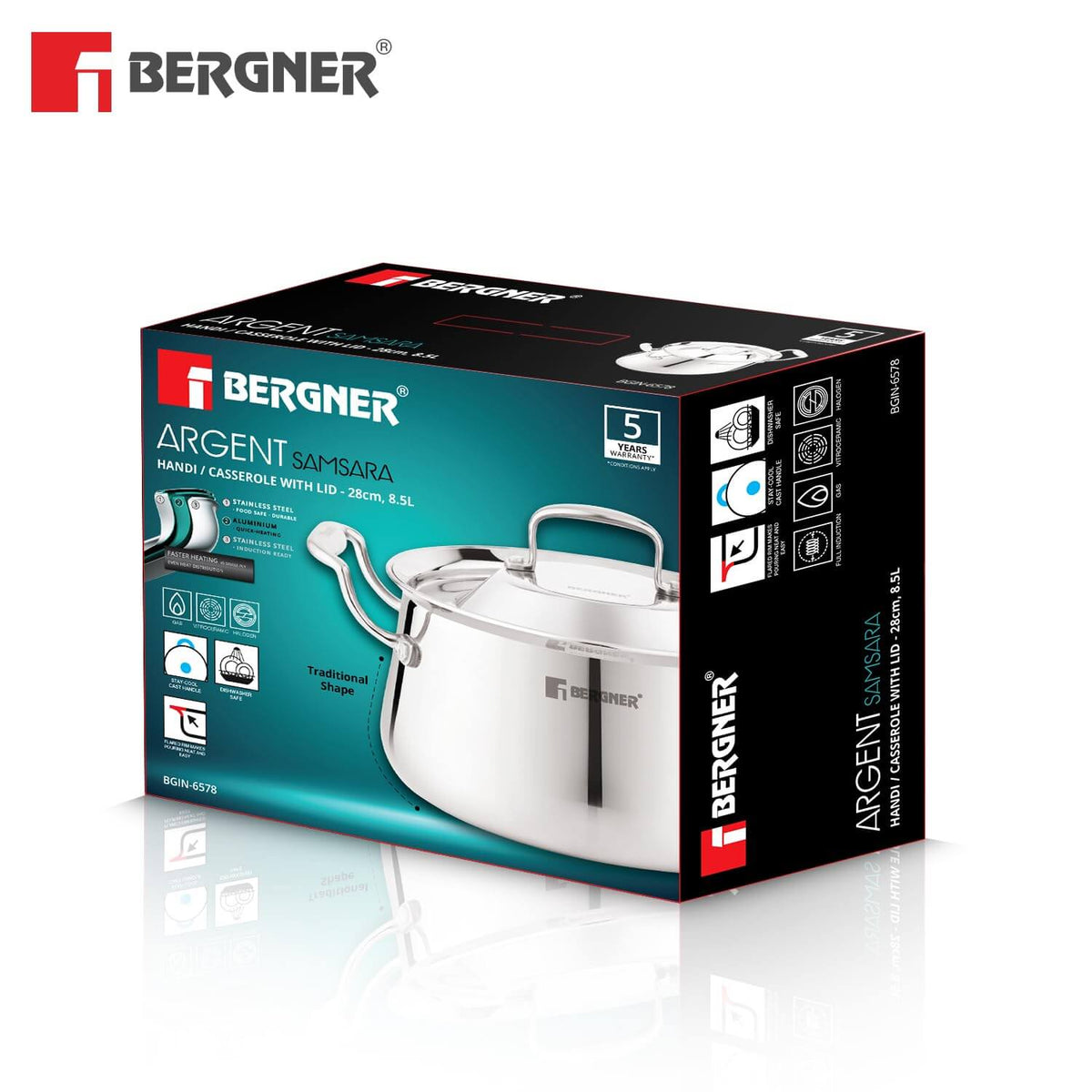 Bergner Argent Samsara Biryani Handi with Lid - Triply stainless steel cookware box, induction compatible.