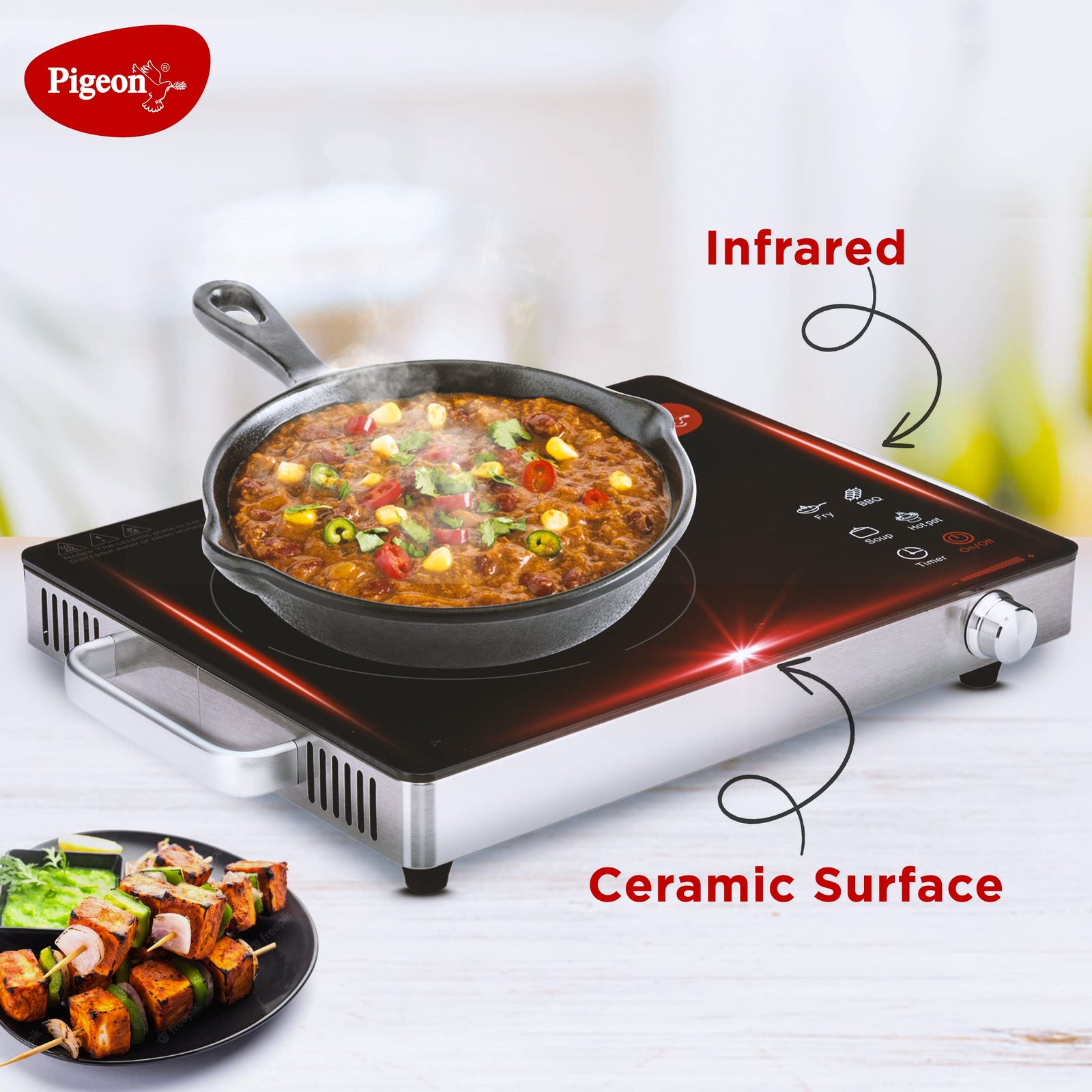 Pigeon Radiant Infrared Cooktop anti-skid rubber feet and jog dial knob close-up for better stability on kitchen counter