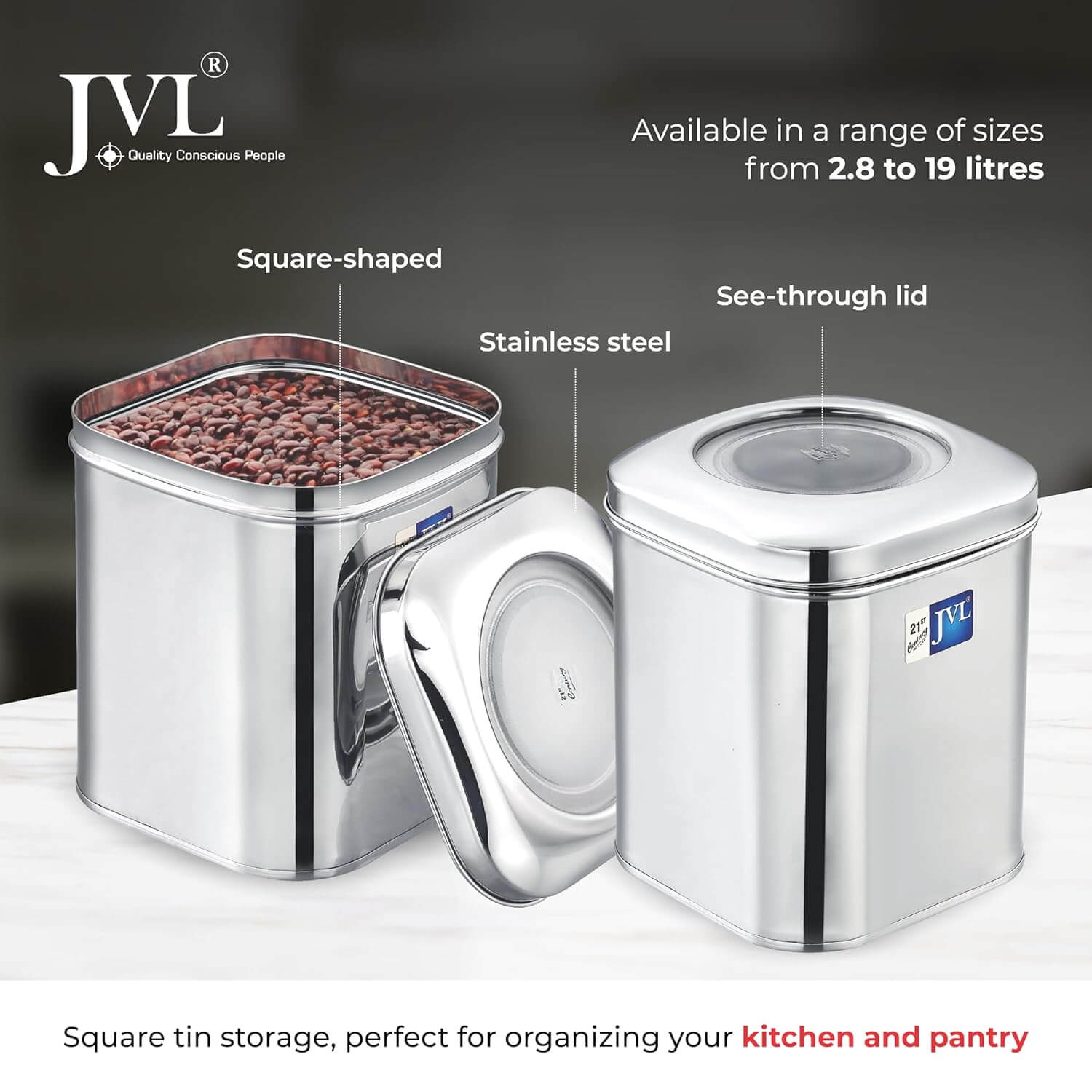 JVL Square Tin with Transparent Lid | Premium Dry Storage Box for Kitchen