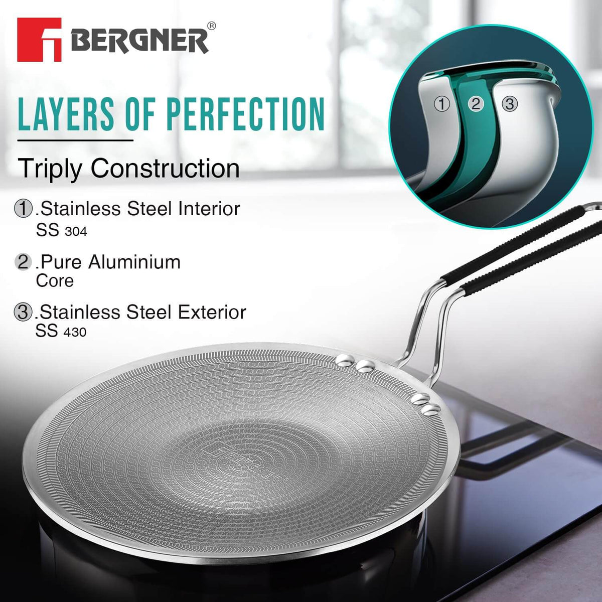 BERGNER Roti Tawa with ergonomic stay-cool handle showing triply construction layers