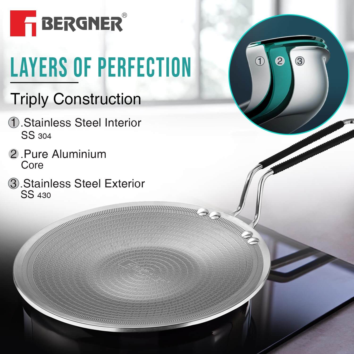 BERGNER Roti Tawa with ergonomic stay-cool handle showing triply construction layers