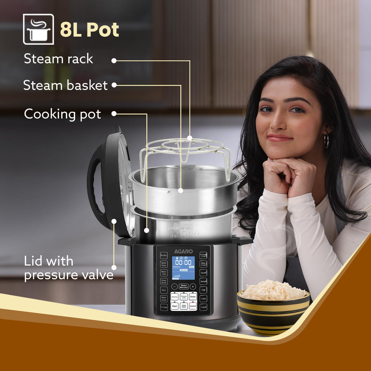 AGARO Imperial 8L pressure cooker, stainless steel construction, backlit LCD display, multiple cooking functions