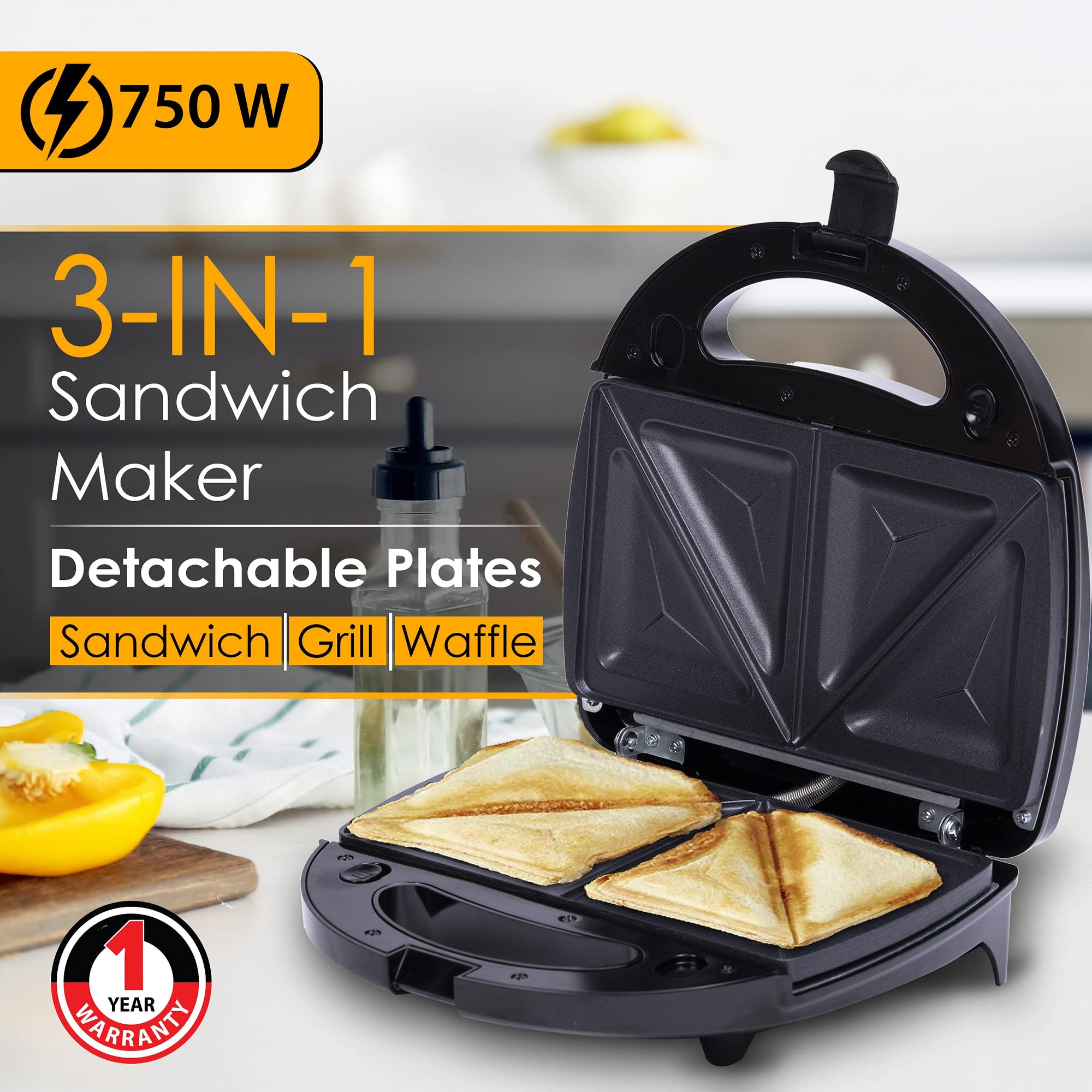 AGARO Regal 750 Watts 3-In-1 Sandwich Maker, Easy Detachable Non-Stick Plates For Sandwich, Grill & Waffle, 2 Slice, Steel