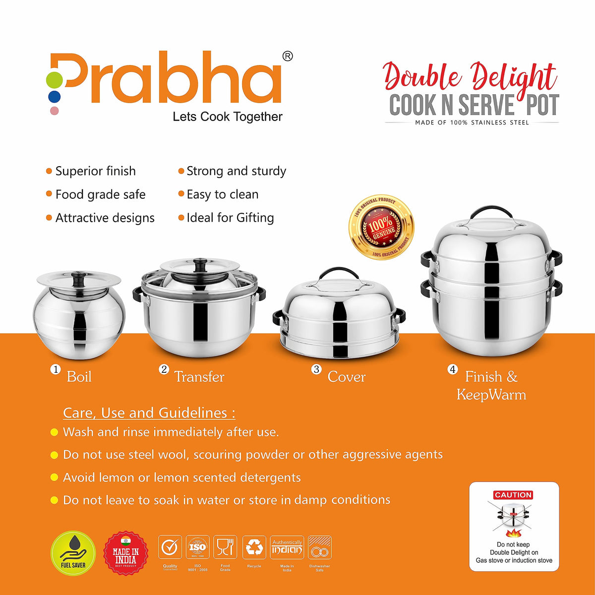 Prabha Stainless Steel Thermal Rice Cooker - Efficient 1Kg Capacity, Thermal Heating, Gas Stove Compatible, Serving Pot, 1-Year Warranty