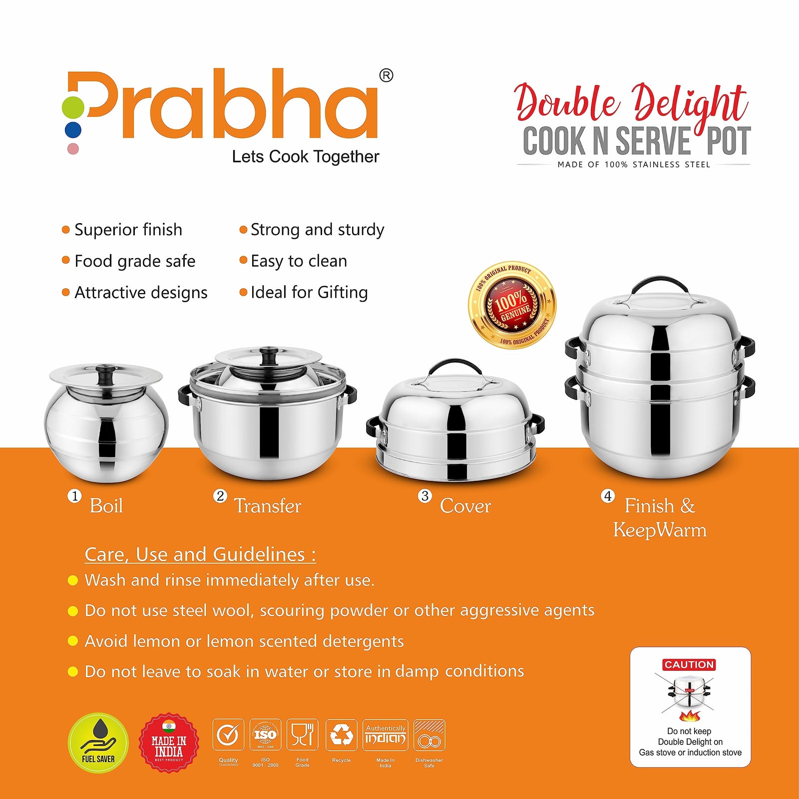 Prabha Stainless Steel Thermal Rice Cooker - Efficient 1Kg Capacity, Thermal Heating, Gas Stove Compatible, Serving Pot, 1-Year Warranty