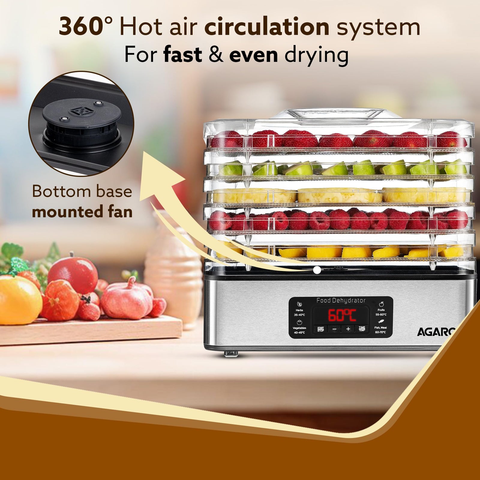 AGARO Regal Food Dehydrator, 5 Stackable Stainless Steel Trays, Digital Adjustable Timer & Temperature Control, Food Preserver Machine with Drying Capacity for Fruits, herbs, Veggies