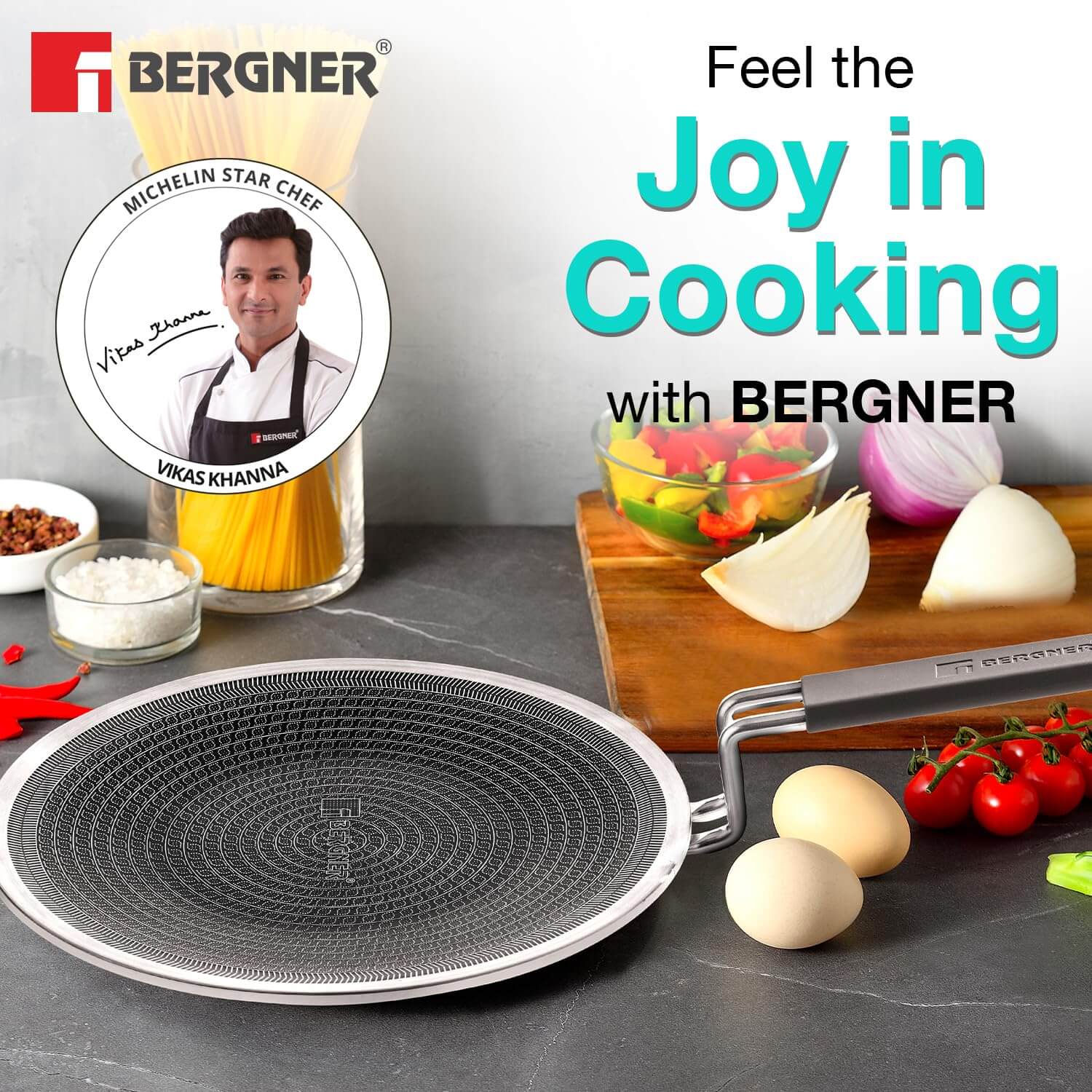 BERGNER Hi-Tech tawa displaying Chef Vikas Khanna endorsement and dual advantage technology