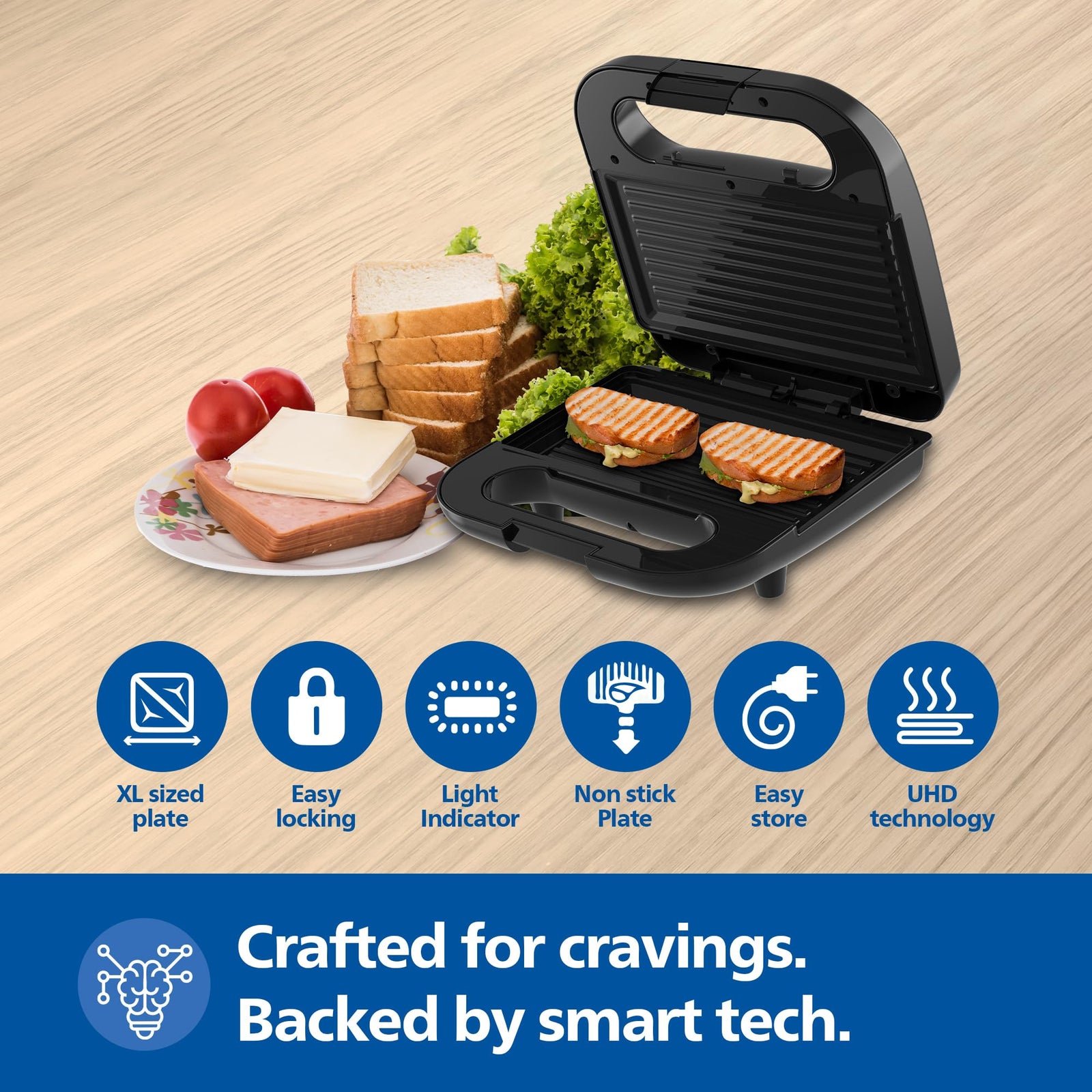 Philips HD3010/80 Sandwich Maker Grill 700W with XL Non-Stick Plates and Easy-Lock Lid