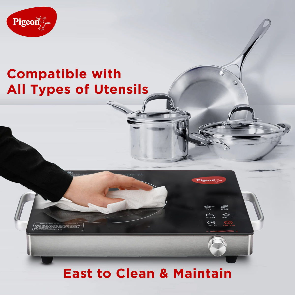 Pigeon Radiant Infrared Cooktop 2200W shock proof and rust proof stainless steel body with non-stick pan boiling pasta in kitchen