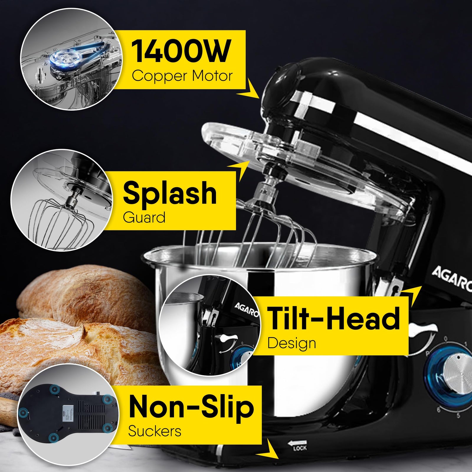 AGARO stand mixer 6 speed control knob with pulse function in black
