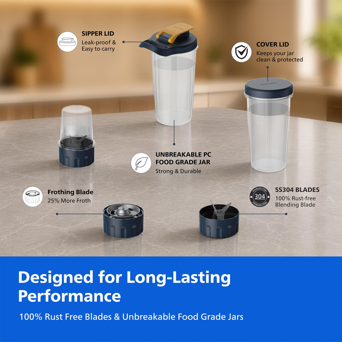 Philips HR2613/00 Mini Blender | 2 Blending Blades & 1 Frothing Blade | ProBlend Technology | 3 Unbreakable Food-Grade PC Jars | Blend & Carry | Smoothies, Protein Shakes, Cold Coffee & More (Blue)