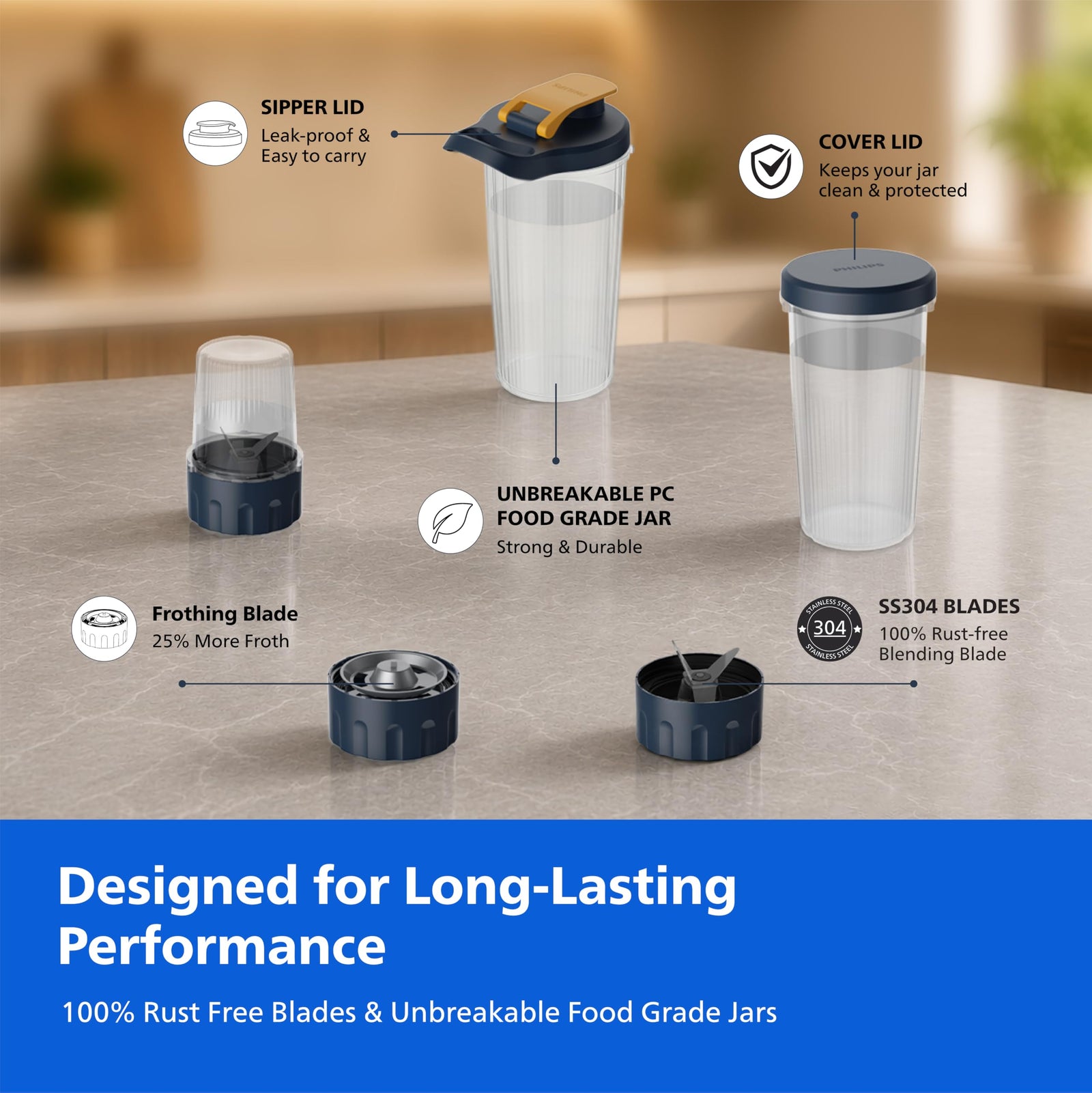 Philips HR2613/00 Mini Blender | 2 Blending Blades & 1 Frothing Blade | ProBlend Technology | 3 Unbreakable Food-Grade PC Jars | Blend & Carry | Smoothies, Protein Shakes, Cold Coffee & More (Blue)