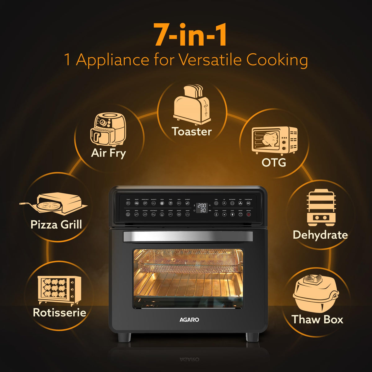 AGARO Regal Plus air fryer digital touch control panel showing 16 preset program icons