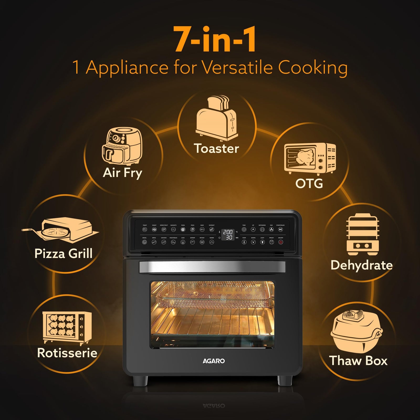 AGARO Regal Plus air fryer digital touch control panel showing 16 preset program icons