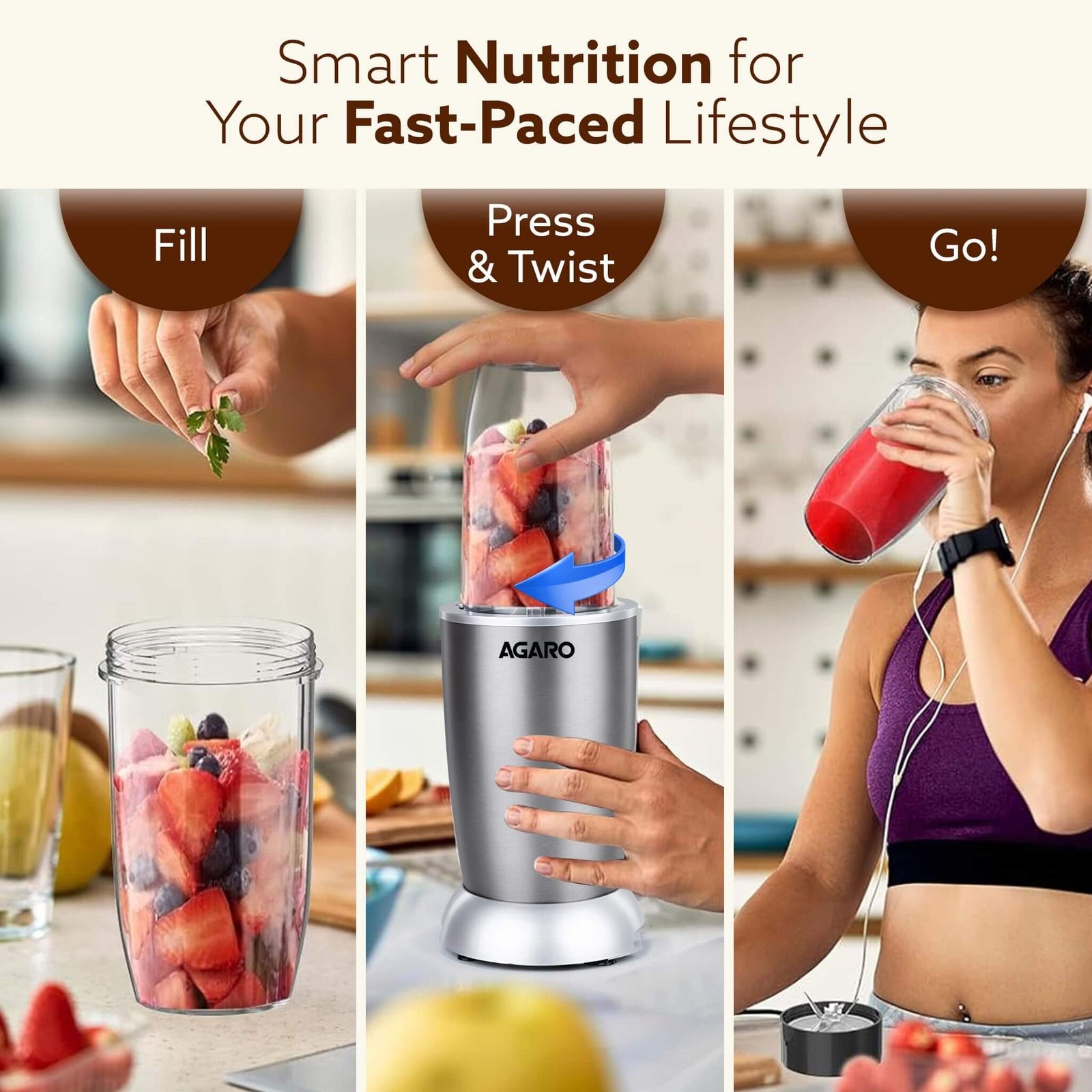 AGARO Nutri-Max 1000W Personal Blender with stainless steel body and multiple cups