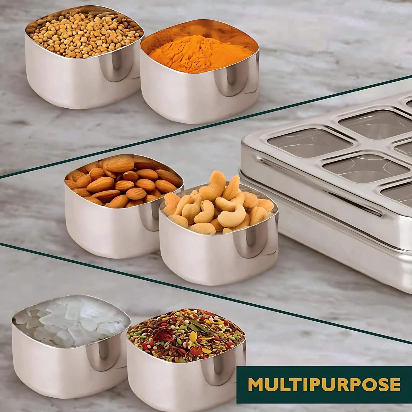 Kitchen Mart stainless steel 9-compartment masala box with transparent lid