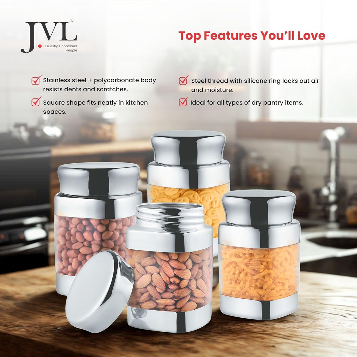 JVL Square Canister Airtight Steel Lid Kitchen Dry Storage Jar
