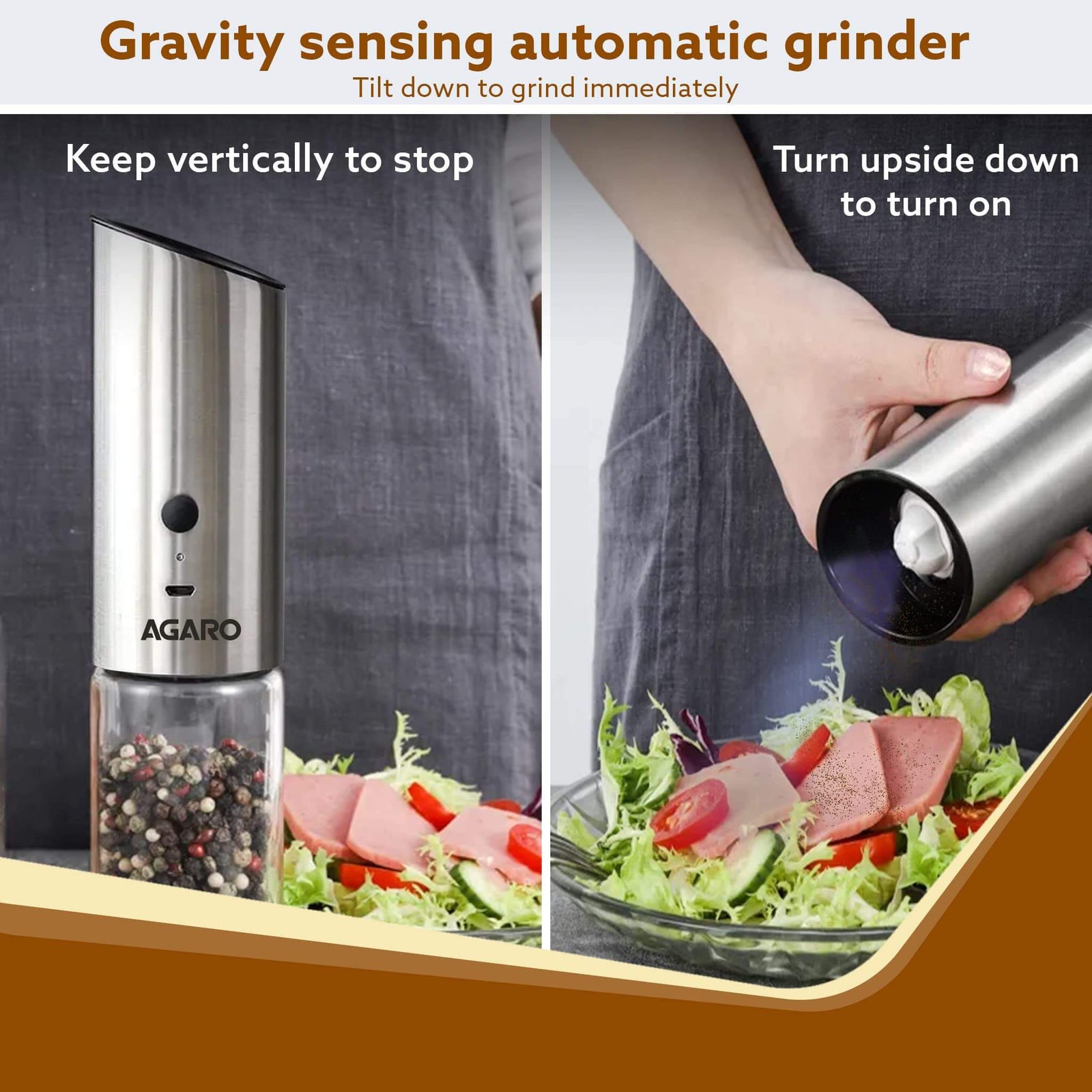 Agaro gravity sensing automatic grinder with usage instructions and product display.