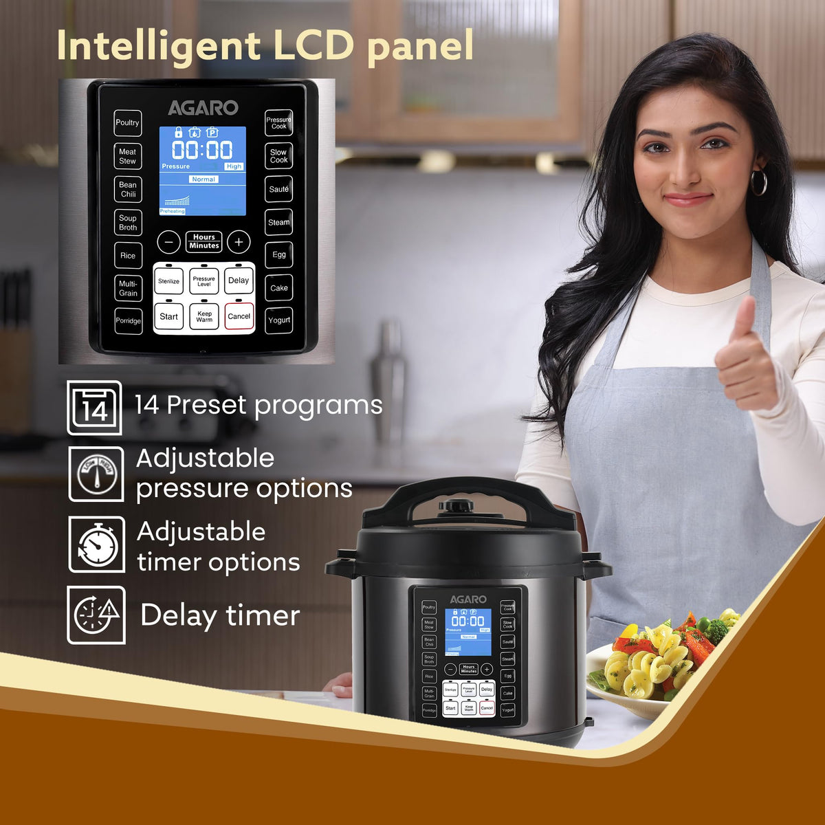 Electric pressure cooker with steamer basket and steel pot, AGARO Imperial 14 cooking programs, Indian brand