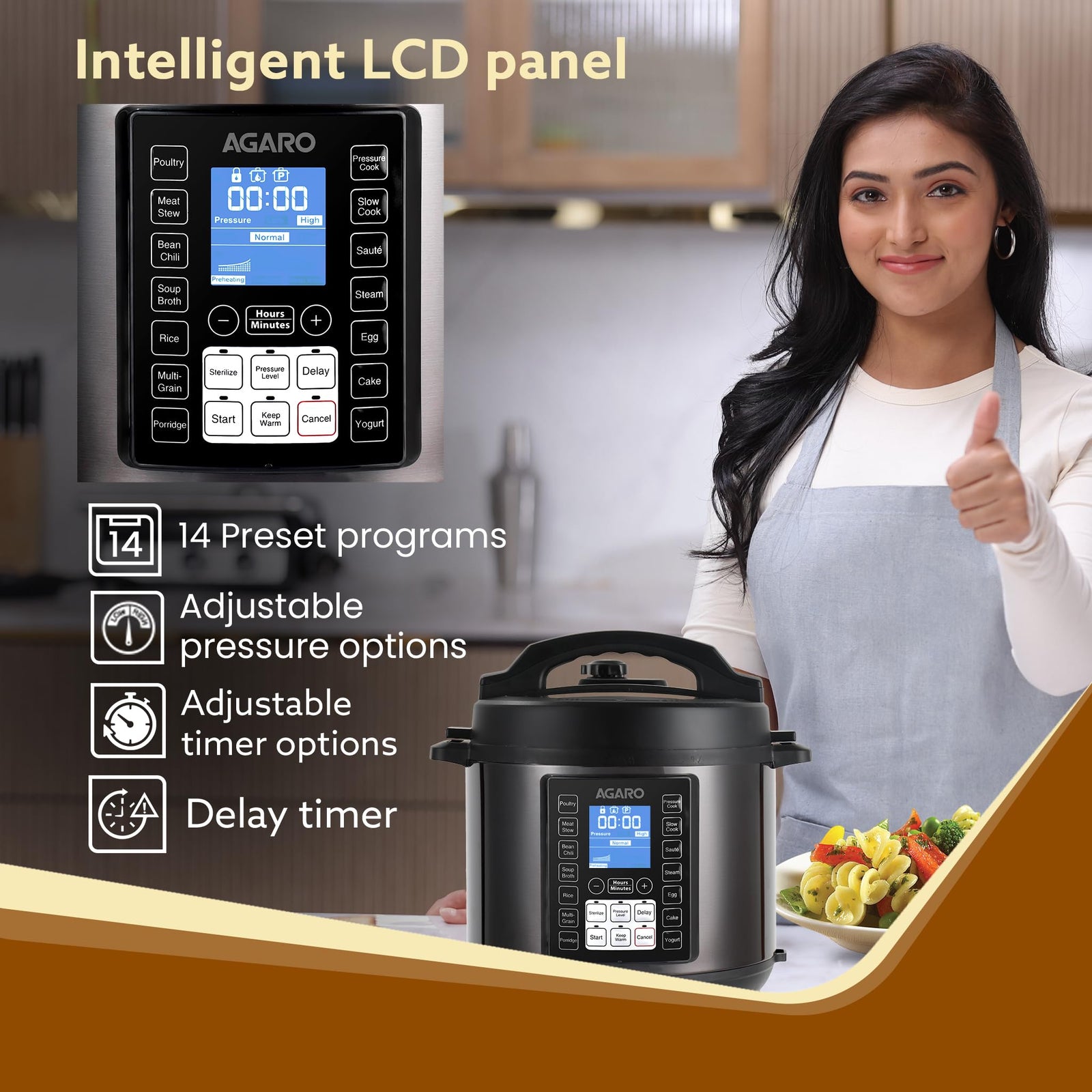 Electric pressure cooker with steamer basket and steel pot, AGARO Imperial 14 cooking programs, Indian brand