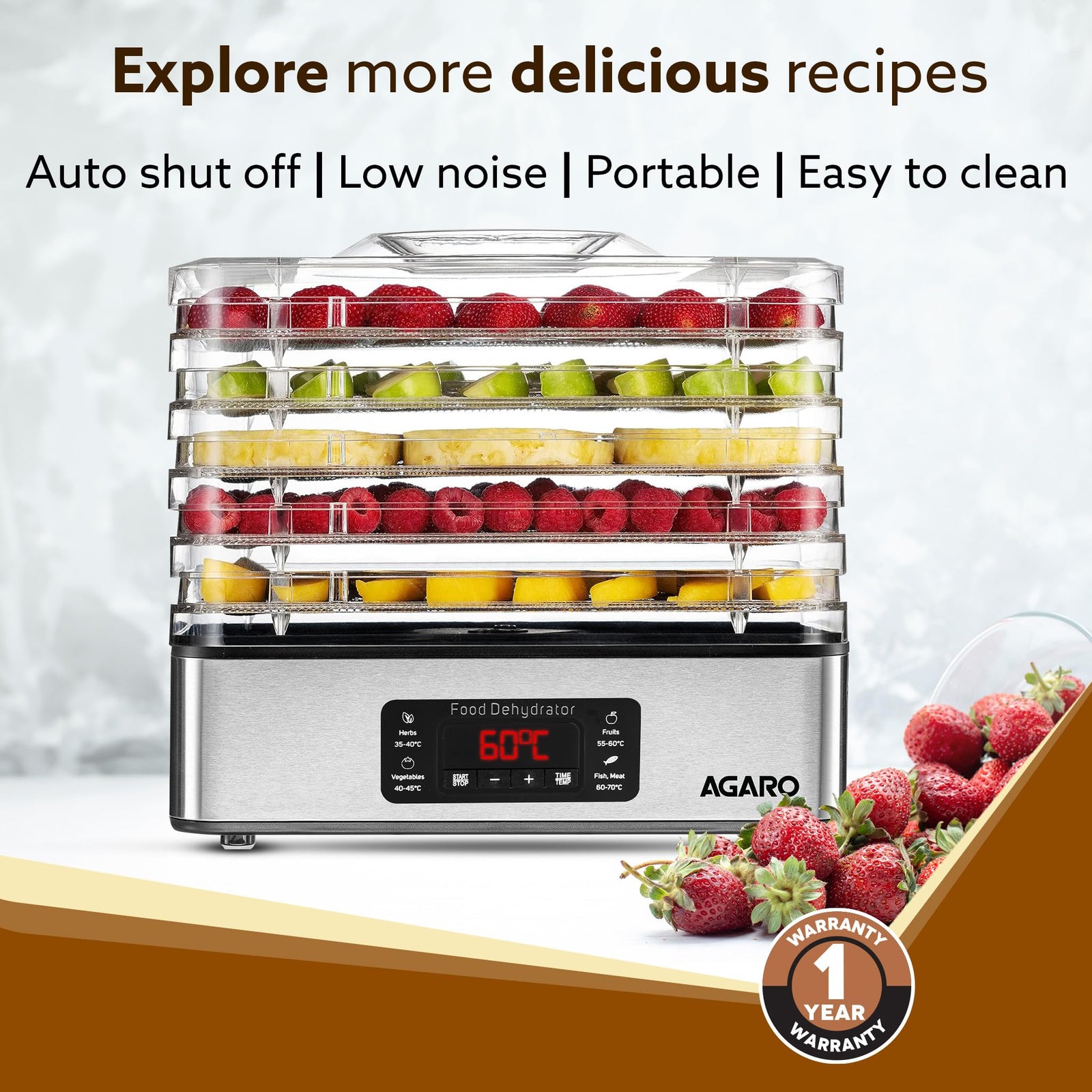 AGARO Regal Food Dehydrator, 5 Stackable Stainless Steel Trays, Digital Adjustable Timer & Temperature Control, Food Preserver Machine with Drying Capacity for Fruits, herbs, Veggies