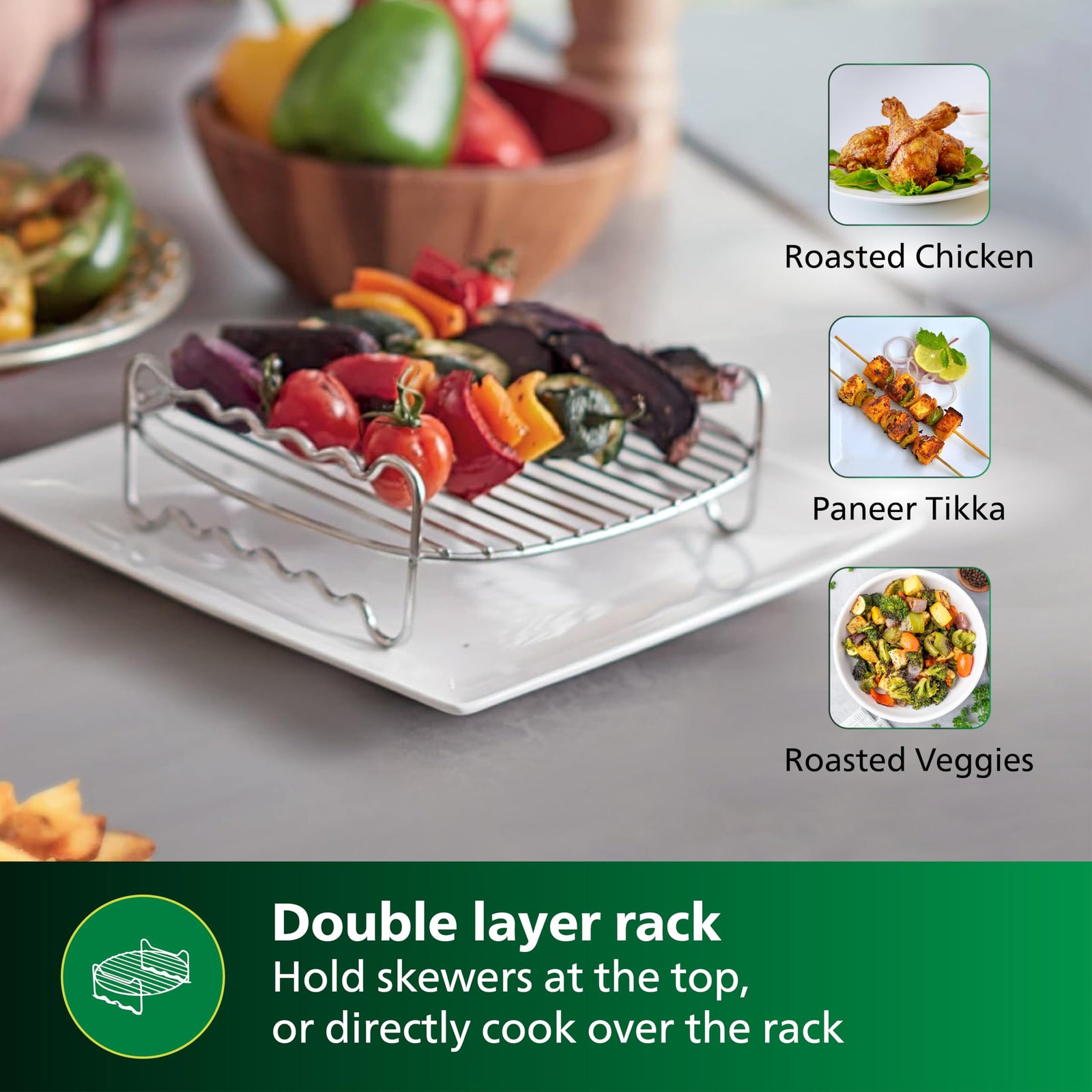 Philips Airfryer Party Sizzler Kit with Double layer grill rack, skewers, HD9815/01, Compatible with Large Airfryer