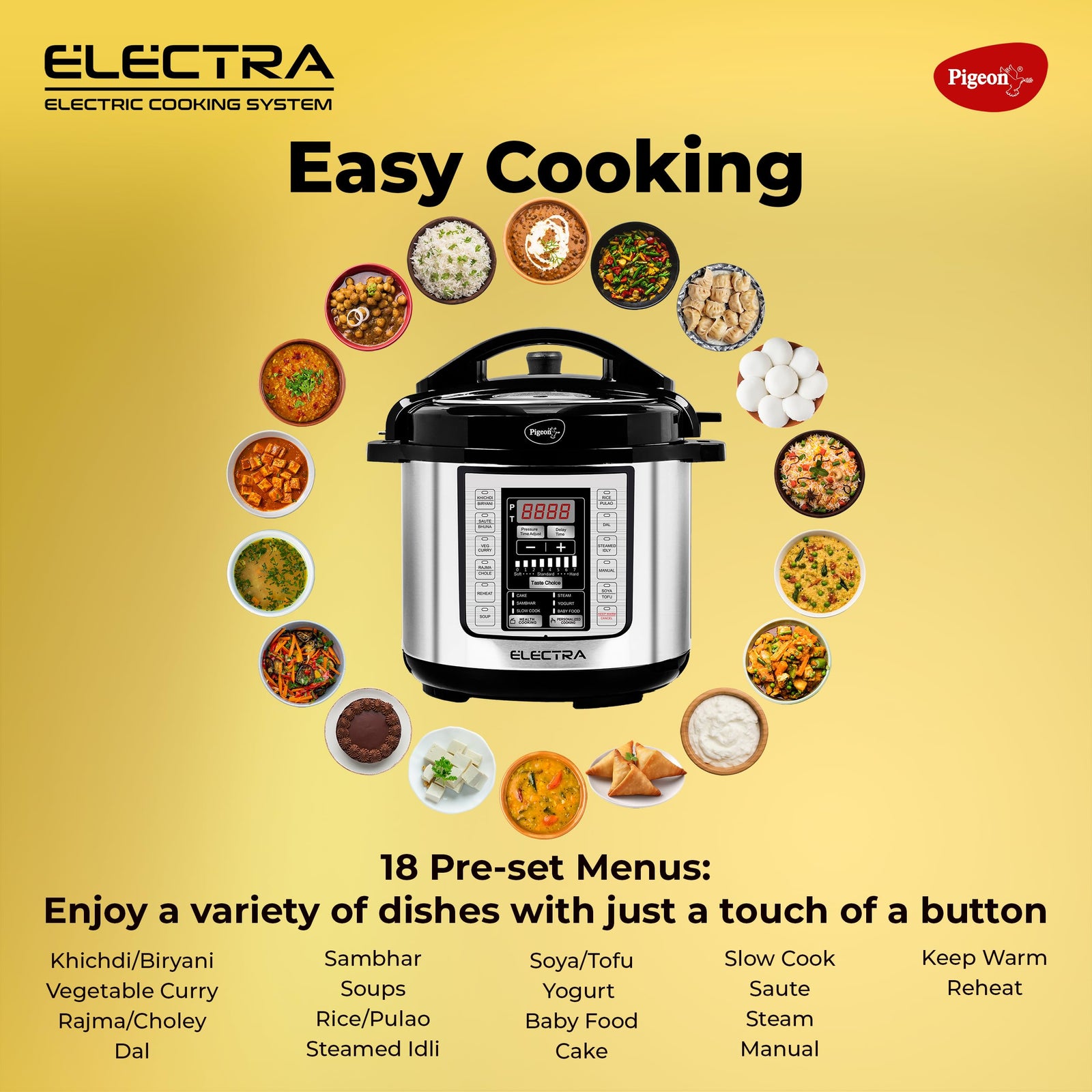 Pigeon Electra Smart 6 Litre Electric Pressure Cooker | 18 Preset Menus | Digital Display