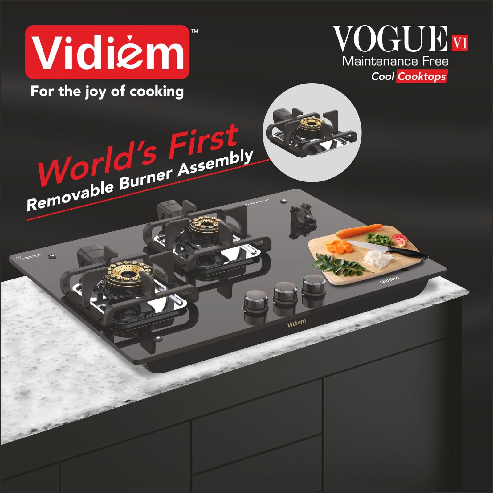Vidiem Vogue V1-3 Burner Gas Cooktop/Hob - World's First Fully Removable Burner Assembly, Toughened Glass, Hexa Flame Brass Burners