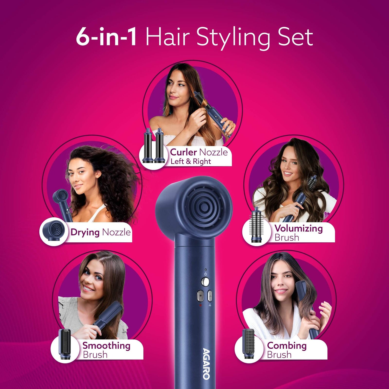 AGARO Imperial 6-in-1 Hair Styler with multiple styling attachments and blue finish