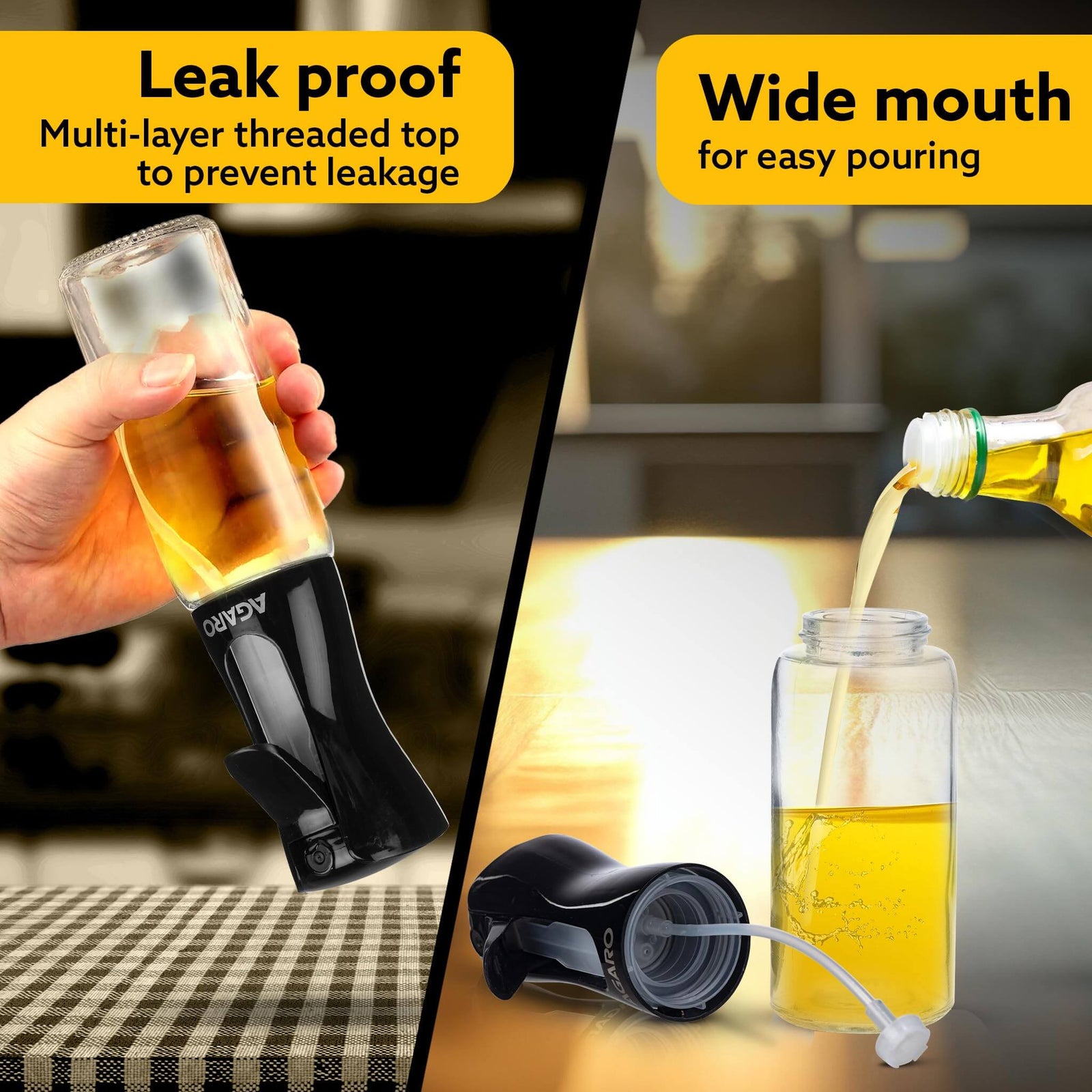 Glass bottle with a wide mouth and leak-proof design, held by a hand and being poured.