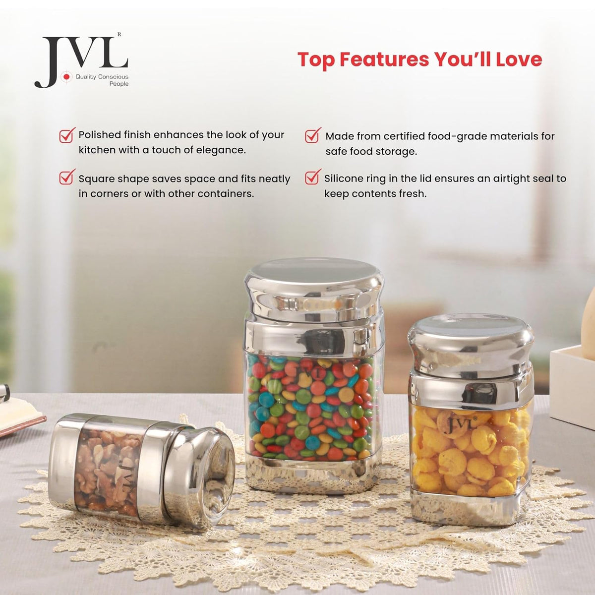 JVL Square Canister Airtight Steel Lid Kitchen Dry Storage Jar