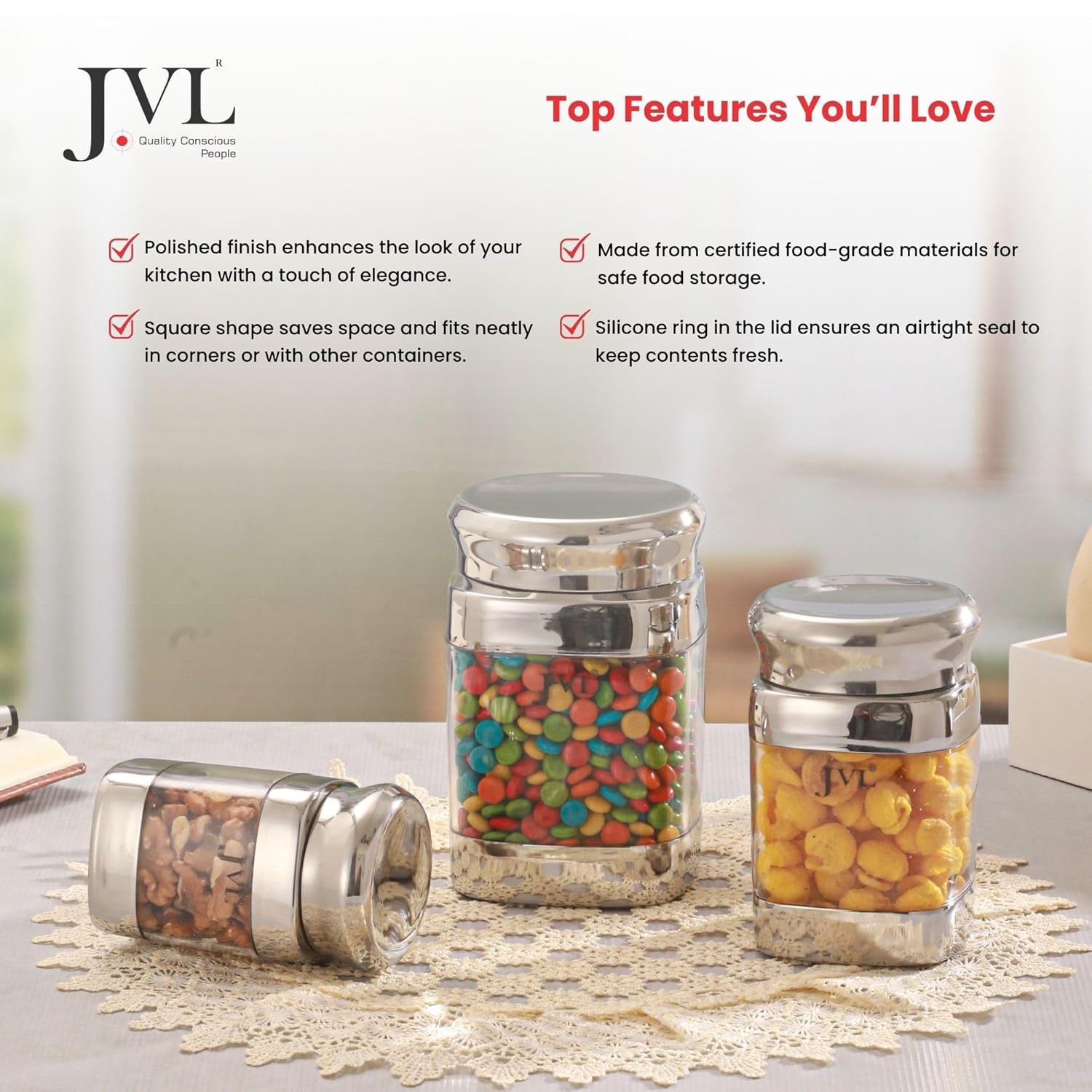 JVL Square Canister Airtight Steel Lid Kitchen Dry Storage Jar