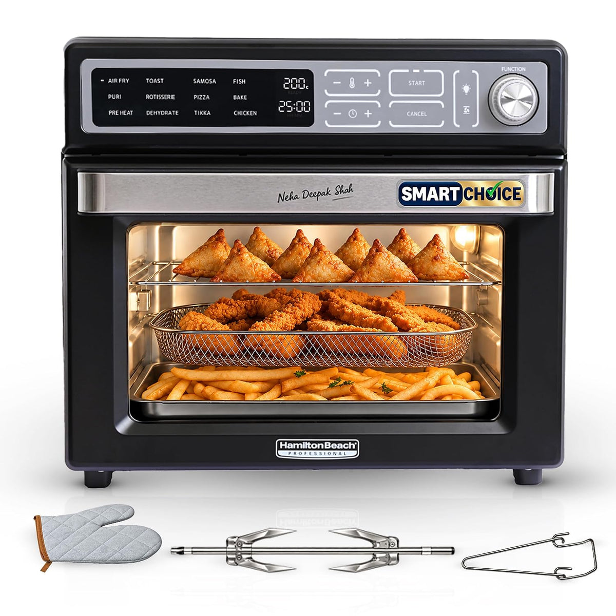 Hamilton Beach 25L air fryer oven 35073 front view with rotisserie fork, tong and oven mitten