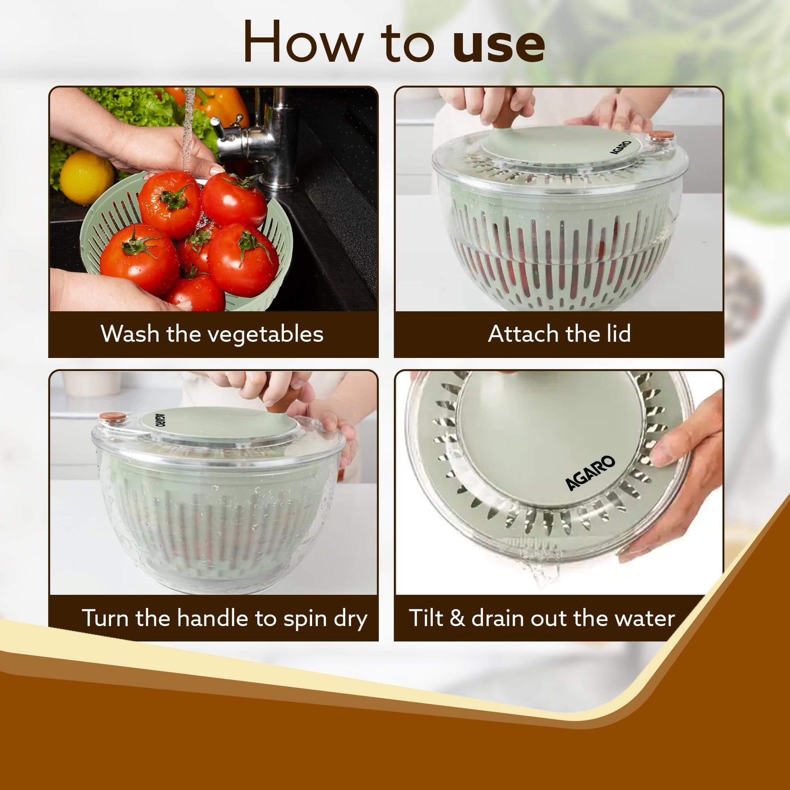 AGARO Elite Salad Spinner displaying multi-purpose usage with leafy greens and herbs